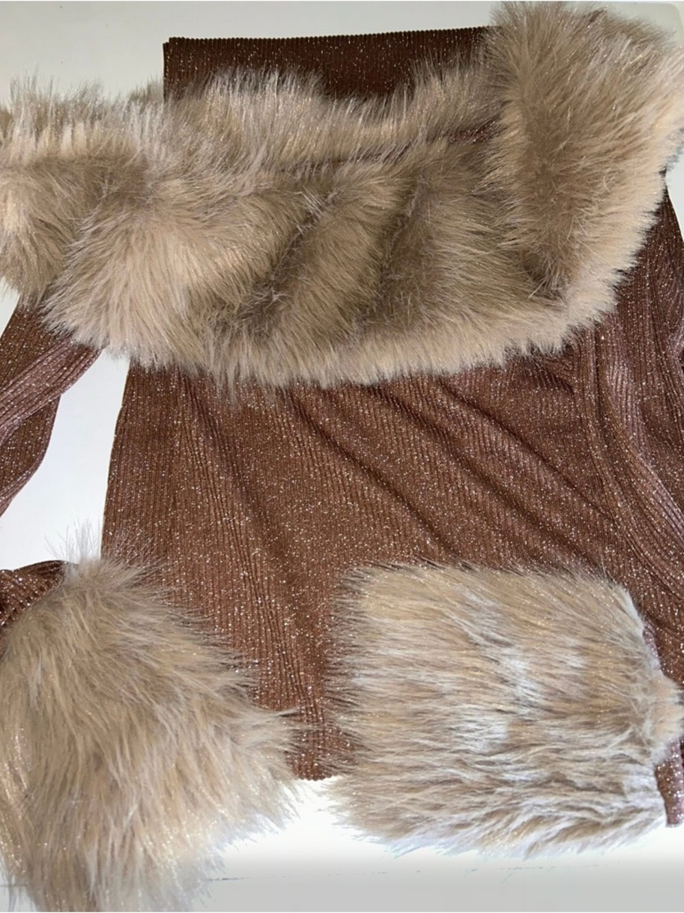 Sparkle Brown Faux Fur Trim Off-Shoulder Top